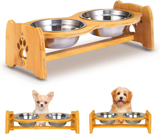 "Premium Adjustable Bamboo Elevated Dog Bowls - Stylish Stand Feeder for Small Dogs and Cats - Includes 2 Stainless Steel Bowls - Anti-Slip Design - Perfect for Food and Water - Height Range 4" to 4.5""